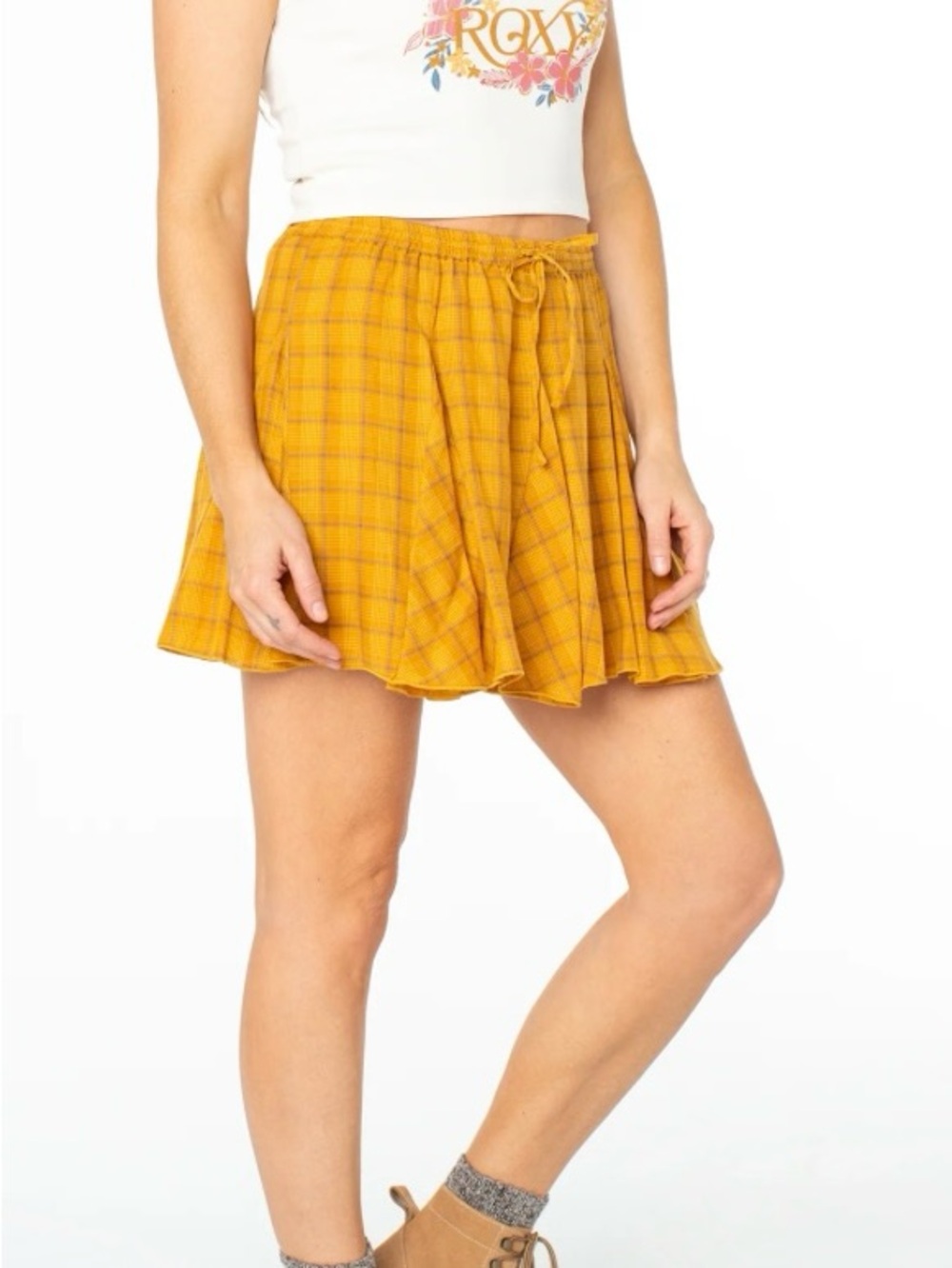 Roxy Mustard Plaid Elastic-Waist Skater Skirt